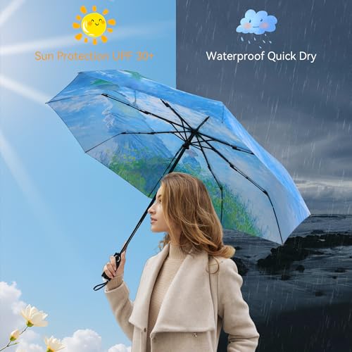 Van Gogh Folding Umbrella, Travel Umbrella with Starry Night Design, Auto Open & Close - Portable Compact Umbrella - Lightweight & Packable for Women & Men - color: Woman with a Parasol