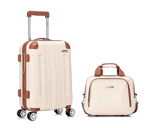 Rockland London Hardside 2 Piece Spinner Wheel Luggage Set, Carry-On 20" and Tote 14", White - color: White with Brown Trim, size: 2 Piece (20"/14" Tote)