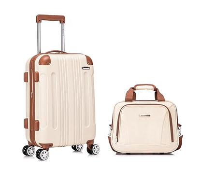 Rockland London Hardside 2 Piece Spinner Wheel Luggage Set, Carry-On 20" and Tote 14", White - color: White with Brown Trim, size: 2 Piece (20"/14" Tote)