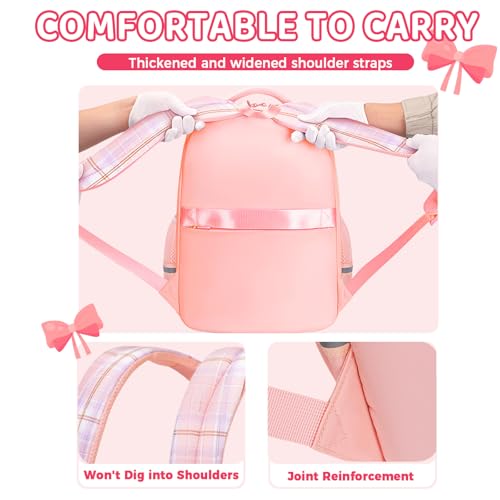 Kids Backpack for Girls, Cute Plaid Large Capacity Bookbag for Students Teens Preppy Aesthetic Kawaii Bow Elementary Primary Middle School Book Bag 6-8 8-10 10-12 (Pink) - color: Pink