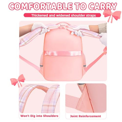 Kids Backpack for Girls, Cute Plaid Large Capacity Bookbag for Students Teens Preppy Aesthetic Kawaii Bow Elementary Primary Middle School Book Bag 6-8 8-10 10-12 (Pink) - color: Pink