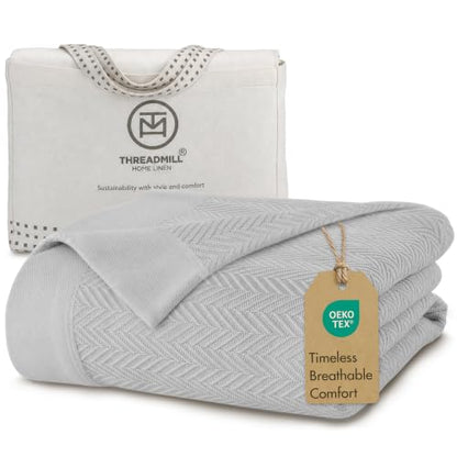 Threadmill Luxury 100% Cotton King Herringbone Blanket, Light Grey - color: Light Grey, size: King (106" x 92")