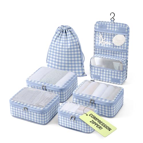 Vandel Compression Packing Cubes for Women, Set with Hanging Toiletry Bag - color: 1. Blue Gingham, size: Deluxe Set (4 Cubes + Toiletry & Laundry Bags)