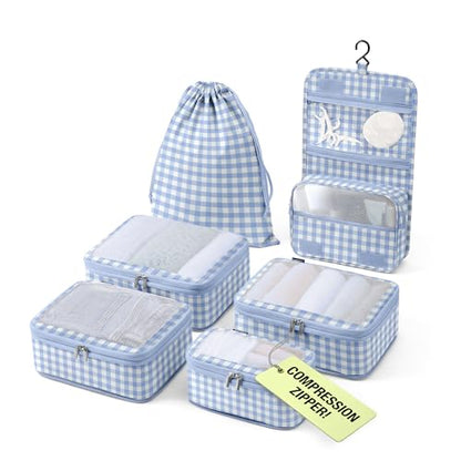 Vandel Compression Packing Cubes for Women, Set with Hanging Toiletry Bag - color: 1. Blue Gingham, size: Deluxe Set (4 Cubes + Toiletry & Laundry Bags)