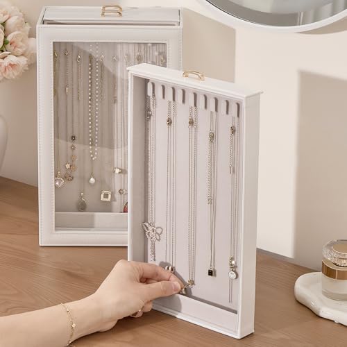Lolalet Necklace Organizer Box, Jewelry Display Case, White, 3 Layers - color: White, size: 3 Layers, 30 Hooks