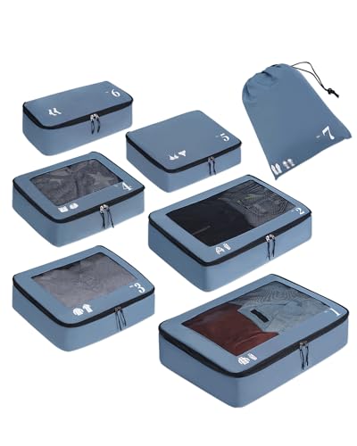 ECOHUB 7 Set Packing Cubes Tear-Resistant Luggage Packing Organizers with Number Icon for Travel Accessories Luggage Suitcase Machine Washable Packing Cubes (Blue) - color: Blue