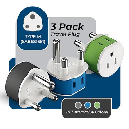 OREI South Africa, Botswana, Namibia Power Plug Adapter with 2 USA Inputs - Travel 3 Pack - Type M (US-10L), Safe Grounded Use with Cell Phones, Laptop, Camera Chargers, CPAP, and More - style: Type M-South Africa