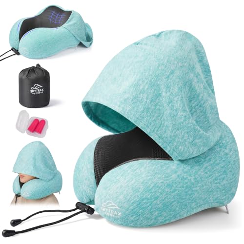 SkytraxComf® Travel Neck Pillow with Hood for Privacy on Long Flights - color: Mint Blue