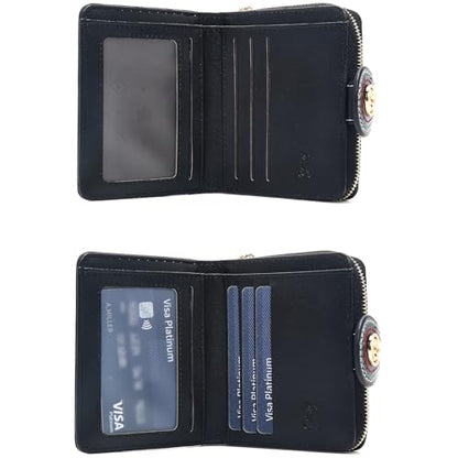 FOXLOVER PendantChain Zipper Small Wallet Women RFID Blocking Credit Card Bifold Wallet Business Card Holder with ID Window(Black) - color: 02-Black