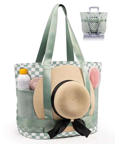 Large Beach Tote Pool Swim Bag for Women Sandproof with Wet Compartment - color: Green Plaid