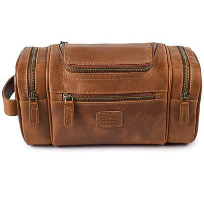 LEATHER VILLAGE Large Leather Toiletry Bag for Men, Hanging Dopp Kit Tan - color: Tan