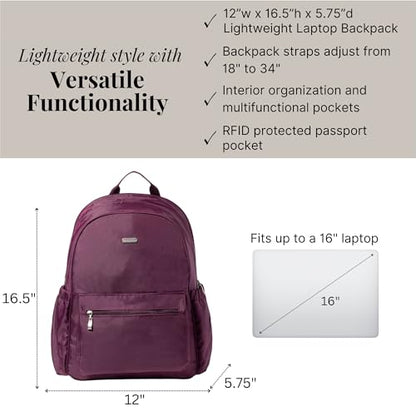 Baggallini Essential Laptop Backpack - 16x12 Inch Travel Backpack with 16" Laptop Sleeve - Lightweight Luggage Backpack - color: Mulberry