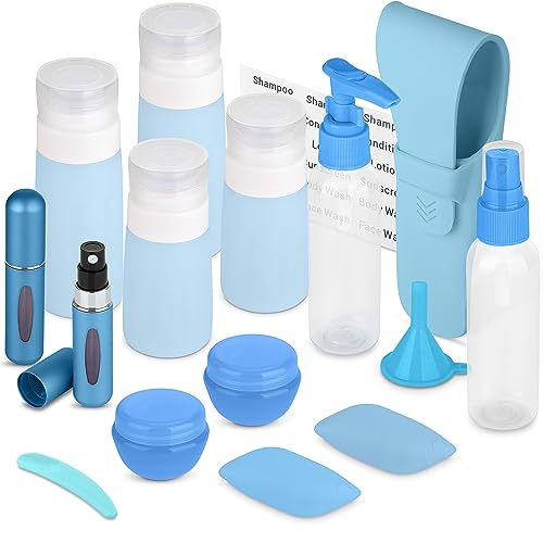 Travel Size Toiletry Bottles, Kit of 16 - TSA Approved Toiletries Essentials for Flying - Silicone Containers, Squeeze Bottles and Accessories for Shampoo, Conditioner, Liquids, Perfume, Blue - color: Blue
