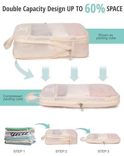 6/8 Set Space Saving Compression Packing Cubes Lightweight Packing Cube - color: Beige, size: 8 Pcs(XL,L*2,M*2,S,laundry bag,shoes bag)
