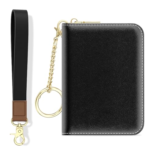 Credit Card Holder, Small RFID Wallet Slim Leather Card Organizer Case - color: A-Black, size: Wrist Strap