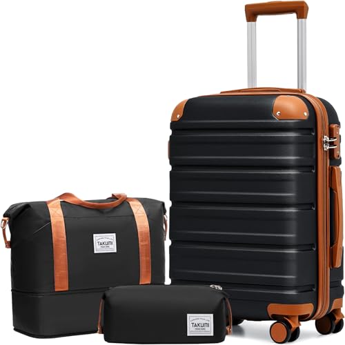 TAKUMI Luggage Sets, Hardside Suitcases with Wheels, Black Brown, 3 Piece - color: BLACK BROWN, size: 3 Piece Set(DB)
