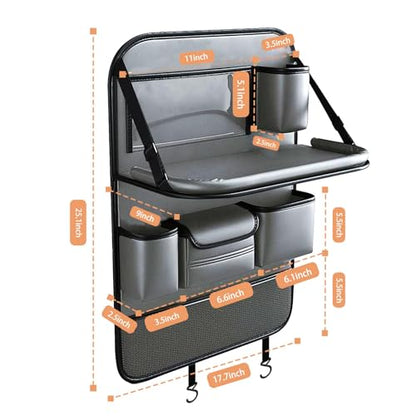 2 Pack Leather Car Seat Back Organizer with Foldable Tray Table, Backseat Car Organizer with Tablet Pocket, Cup Holders, Tissue Pocket, Mesh Pockets, Kick Mat Gray - color: Gray