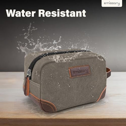 emissary Men's Canvas Travel Toiletry Bag, Leather Dopp Kit - Light Gray | Durable canvas & PU leather, water-resistant lining, side handle; roomy men's Dopp kit for travel & gym - color: Light Gray