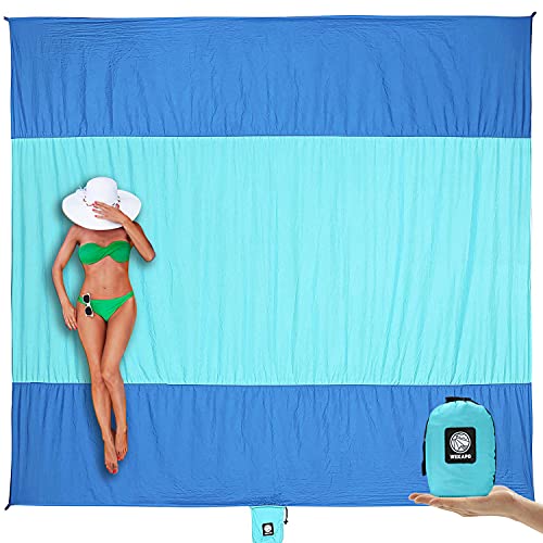 WEKAPO Beach Blanket Sandproof Waterproof, Extra Large Beach Mat, Oversized & Compact Sand Free, Quick Drying Beach Essentials for Vacation, Cruise, Picnic & Camping with Stakes - color: Blue, size: 9x10 FT (1～8 person)