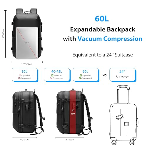 60L Vacuum Backpack Travel, TSA Lock, Charging Port, Waterproof - size: 60L with Pump