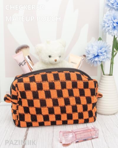 Checkered Makeup Bag for Purse,Small Travel Cosmetic Pouch,Halloween Orange - color: Halloween Orange