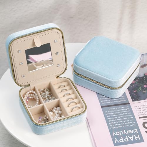 Plush Velvet Travel Jewelry Case Organizer Portable Storage Box - color: Light Blue
