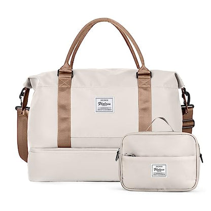 Travel Duffel Bag with Shoes Compartment,Weekender Bags for Women Travel - color: Beige & Brown, size: Extra Large