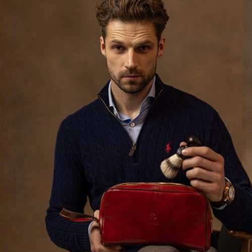 Time Resistance Leather Cosmetic Bag - Italian Toiletry Dopp Kit (Red) - color: Red