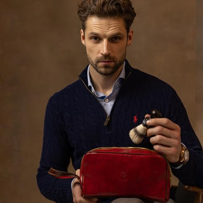 Time Resistance Leather Cosmetic Bag - Italian Toiletry Dopp Kit (Red) - color: Red
