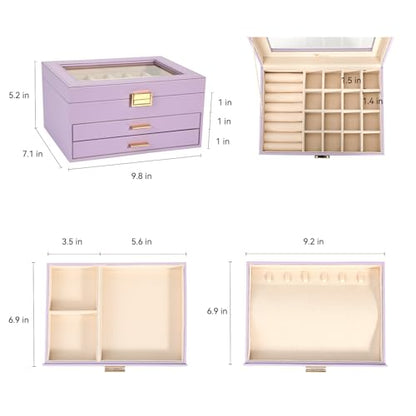 Voova 3-Layer PU Leather Jewelry Box with Glass Lid, Lavender - color: Lavender three-layer, size: 3 Layer