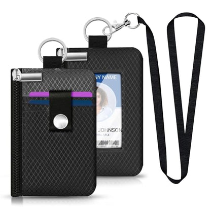 Minimalist RFID Blocking Small Wallet with ID Window,WaterResistant Zip Id Case Wallet with Lanyard Keychain for Cards,Cash,Travel,Women,Men (Black/DarkGrey) - color: Black/DarkGrey