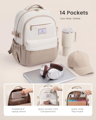 LOVEVOOK Laptop Backpack for Women & Teens, College Bag/40oz Cup Buckle - color: Khaki/Cream, size: 17.3inch