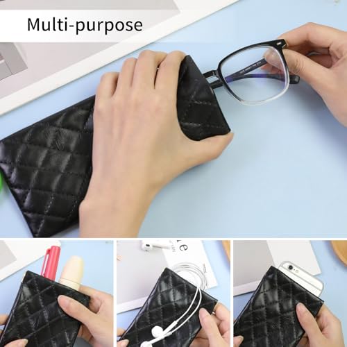 Double Eyeglass Case Soft Dual Glasses Case for Women Men Travel Squeeze Top Sunglasses Cases Eyeglasses Pouch - color: Black+brown Diamond