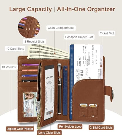 Beige Brown Wallet Women RFID, Passport Holder, Credit Card Holder - color: Black & Brown