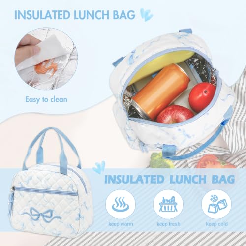 DIGOBAY Quilted Backpack for Girls, Girls Backpack w/Lunch Box Pencil Case - color: Blue Bow