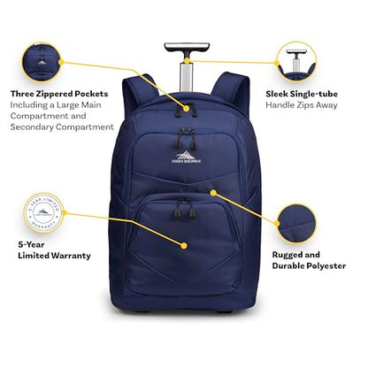High Sierra Freewheel Pro Wheeled Laptop Backpack Bookbag for Travel or Work with Rotating Handle and Padded Laptop Sleeve, True Navy