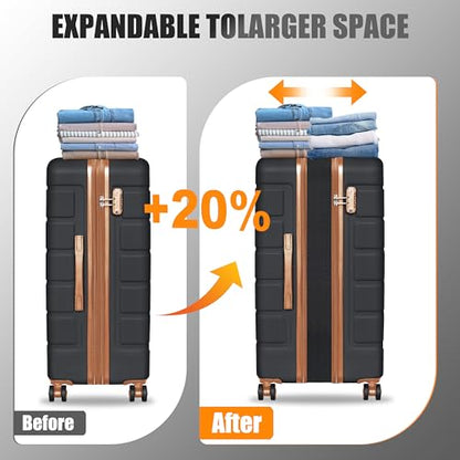 KEYTANG Explorer Lightweight Hardshell 20% Expandable 3-Piece Luggage Set with TSA Lock, Double Spinner Wheels, and Carry-On Suitcase,Black Umber - color: Black Brown, size: 001-3PCS