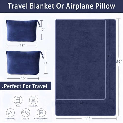 Travel Blanket Pillow, Soft Airplane Blanket 2-in-1, Travel Blanket Airplane Compact with Bag, Travel Essentials Accessories for Plane and Car,60x40 Navy - color: Navy