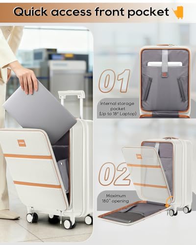Joyway 20 Inch Carry On Luggage with Front Pocket and Cup Holder, White - color: Beige