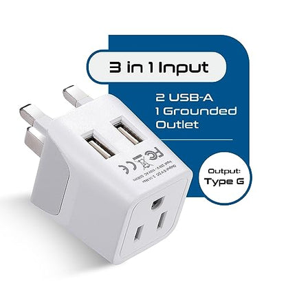 Ceptics US to UK Plug Adapter, Dual USB Adapter for UAE, Ireland, Hong Kong - color: Snow White