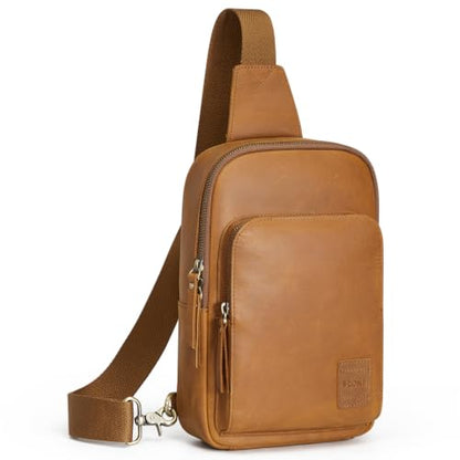 S-ZONE Genuine Leather Sling Bag for Women Men RFID Blocking Card Slots - color: Light Brown
