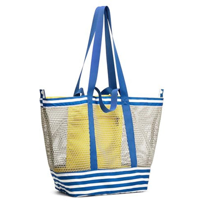 G4Free Extra Large Mesh Beach Bags for Women, Packable Sandproof Pool Bag - color: Blue & Yellow