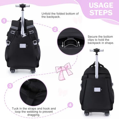 Bevalsa Rolling Backpack for Girls, Roller Backpack with Wheels | Cute Bow Plaid Wheeled School Bookbag Set with Lunch Bag & Pen Case, Suitcases for Kids Teens Elementary Middle Student - color: Black Purple