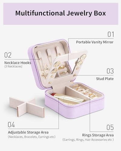 VLANDO Travel Jewelry Case with Mirror, Storage 3 Pairs of Stud Earrings - color: F.Purple - Mirror