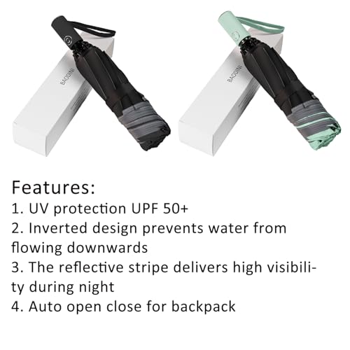 BAODINI Inverted UV Umbrella for Rain and Sun Medium Size UPF 50+ Rverse Compact Umbrella Auto Open Close - color: 2 Pack Green & Black