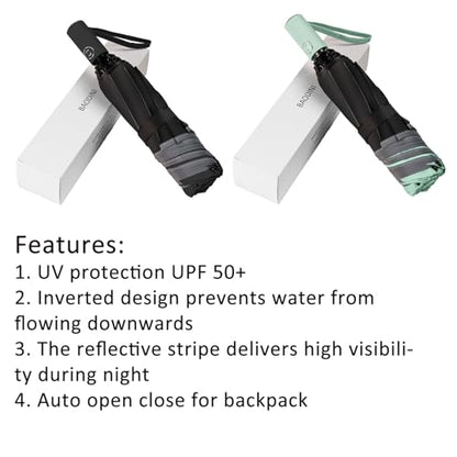 BAODINI Inverted UV Umbrella for Rain and Sun Medium Size UPF 50+ Rverse Compact Umbrella Auto Open Close - color: 2 Pack Green & Black