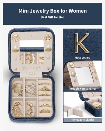 VLANDO Travel Jewelry Case, Letter K Velvet Case with Earring Panel - color: Dark Blue, size: Letter K