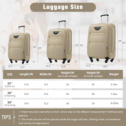 Merax Softside Luggage Set Softshell Lightweight 3 Piece Spinner Suitcase - color: Khaki, style: Softside Luggage(22/26/30)