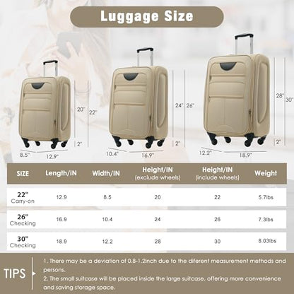 Merax Softside Luggage Set 3 Piece Suitcase with Duffel Bag Spinner Wheels - color: Khaki(22/26/30+bags), style: Softside Luggage Set