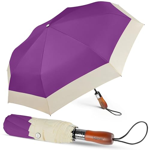 Large Golf Umbrella 54 Inch Compact Folding Auto Close Wood Handle Rain - color: Purple